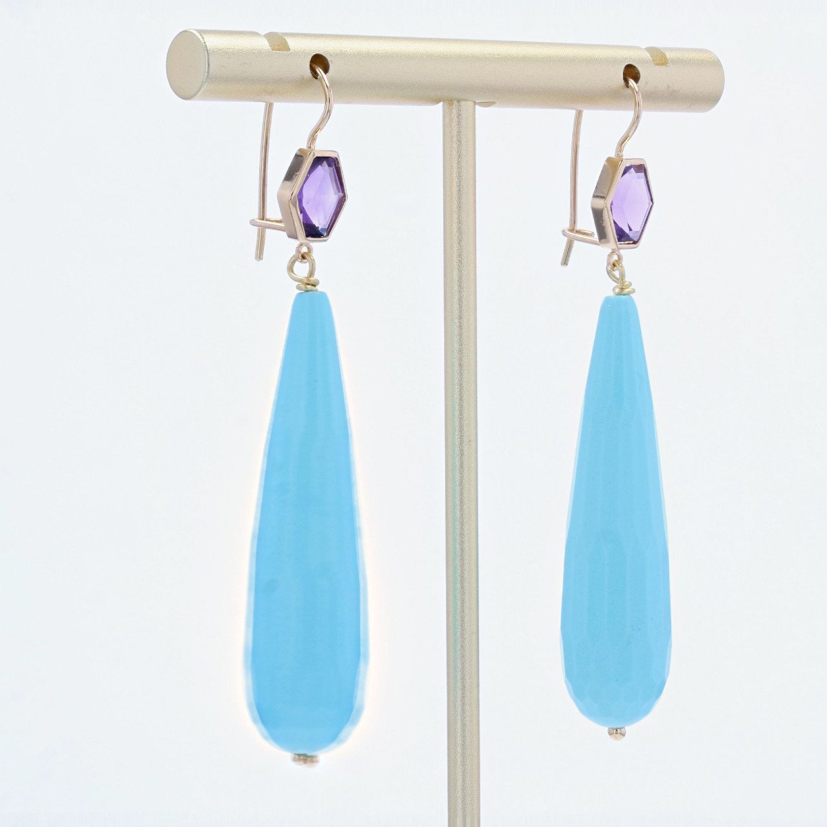 Boucles d'Oreilles Pendantes Améthystes Et Turquoises-photo-3