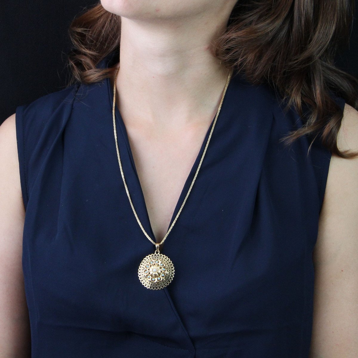 Pendentif Vintage Rosace En Or Perle Et Turquoise-photo-2