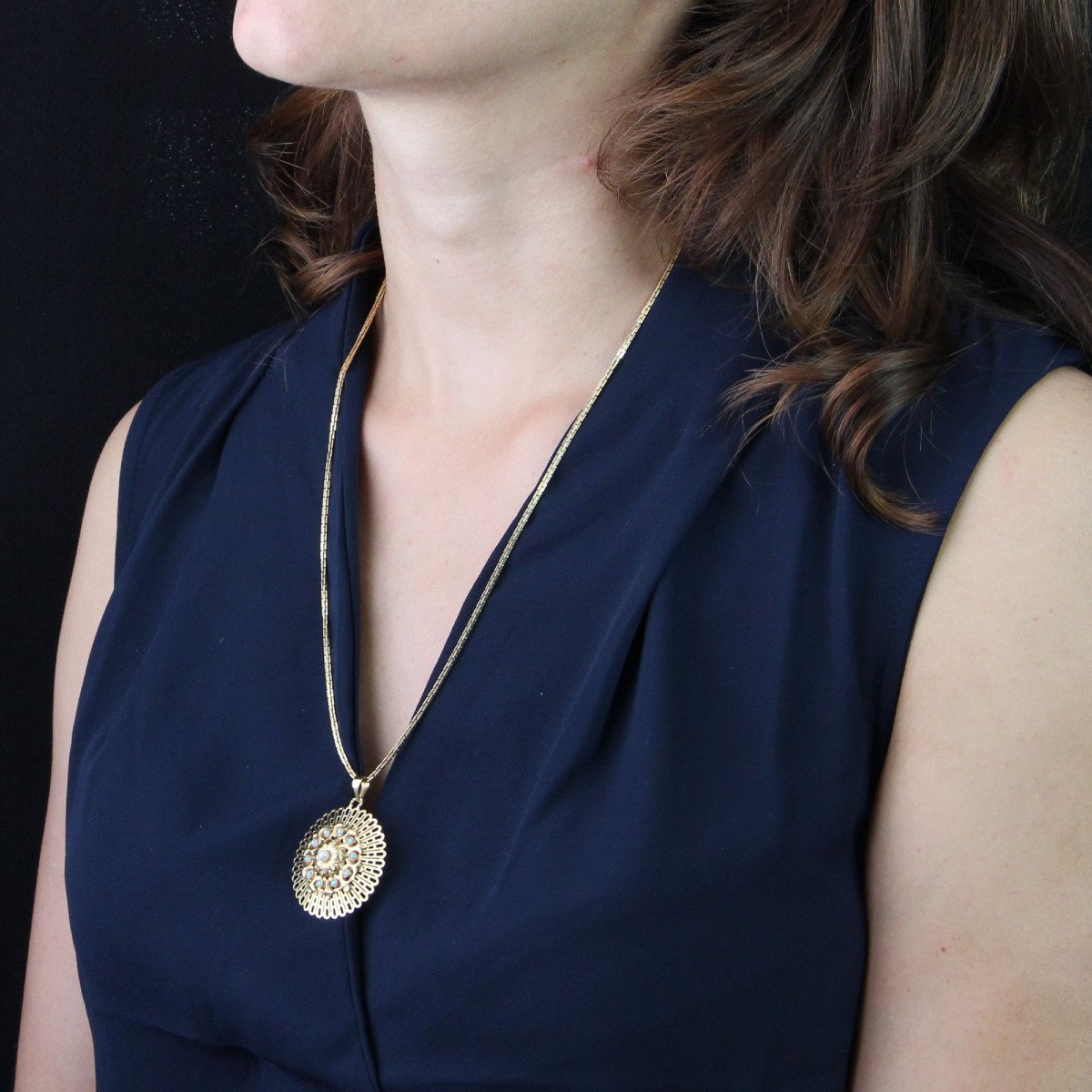 Pendentif Vintage Rosace En Or Perle Et Turquoise-photo-2