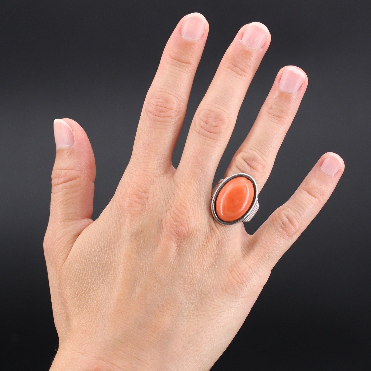 Bague Argent Godroné Et Corail Cabochon-photo-2