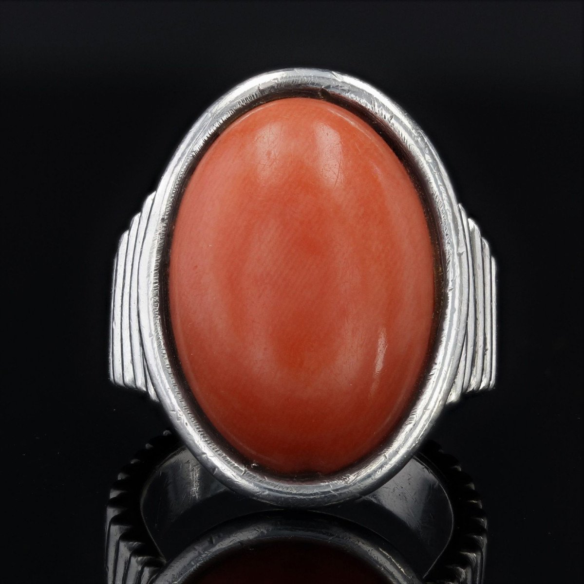 Bague Argent Godroné Et Corail Cabochon-photo-3