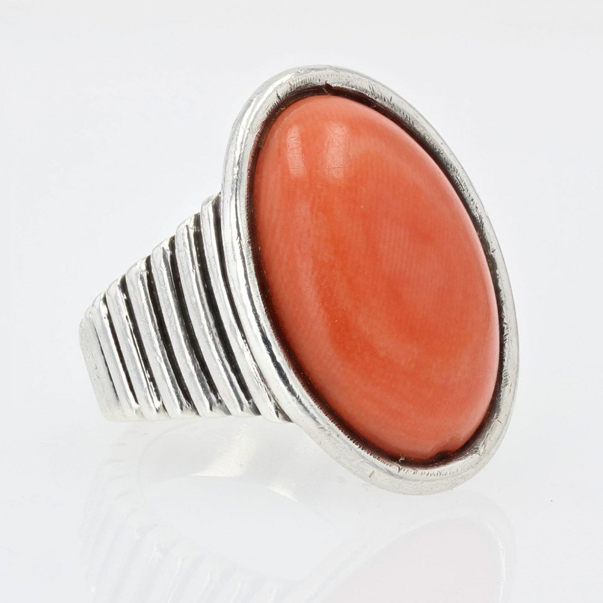 Bague Argent Godroné Et Corail Cabochon-photo-5