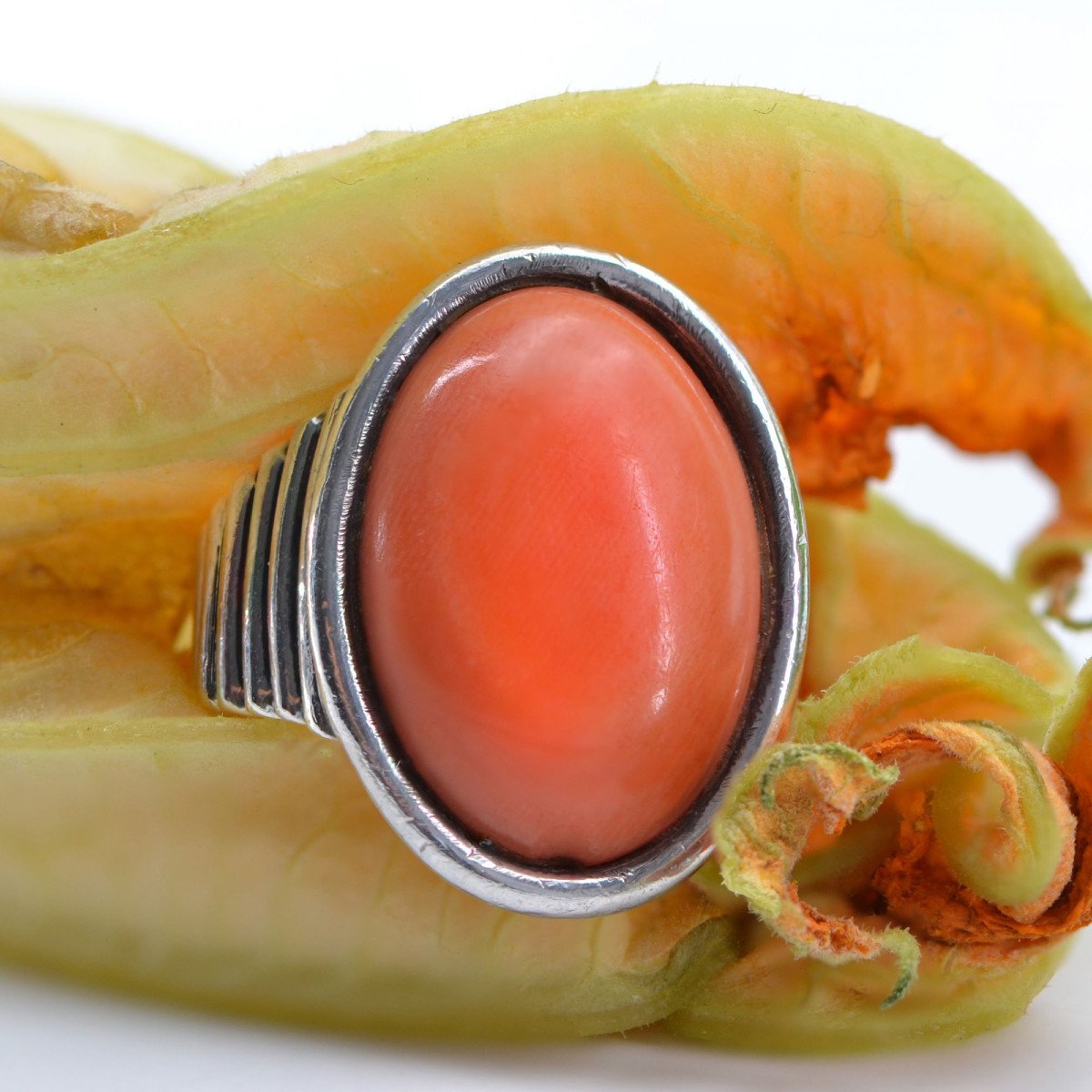 Bague Argent Godroné Et Corail Cabochon-photo-6