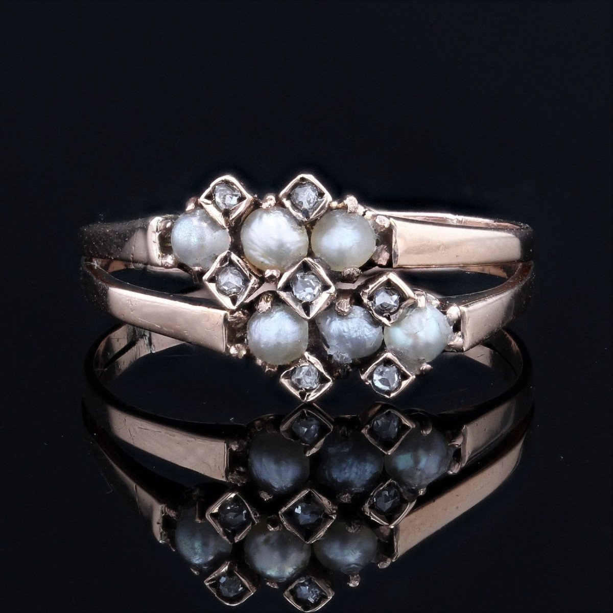 Bague Ancienne Double Anneau Perles Fines Diamants-photo-3