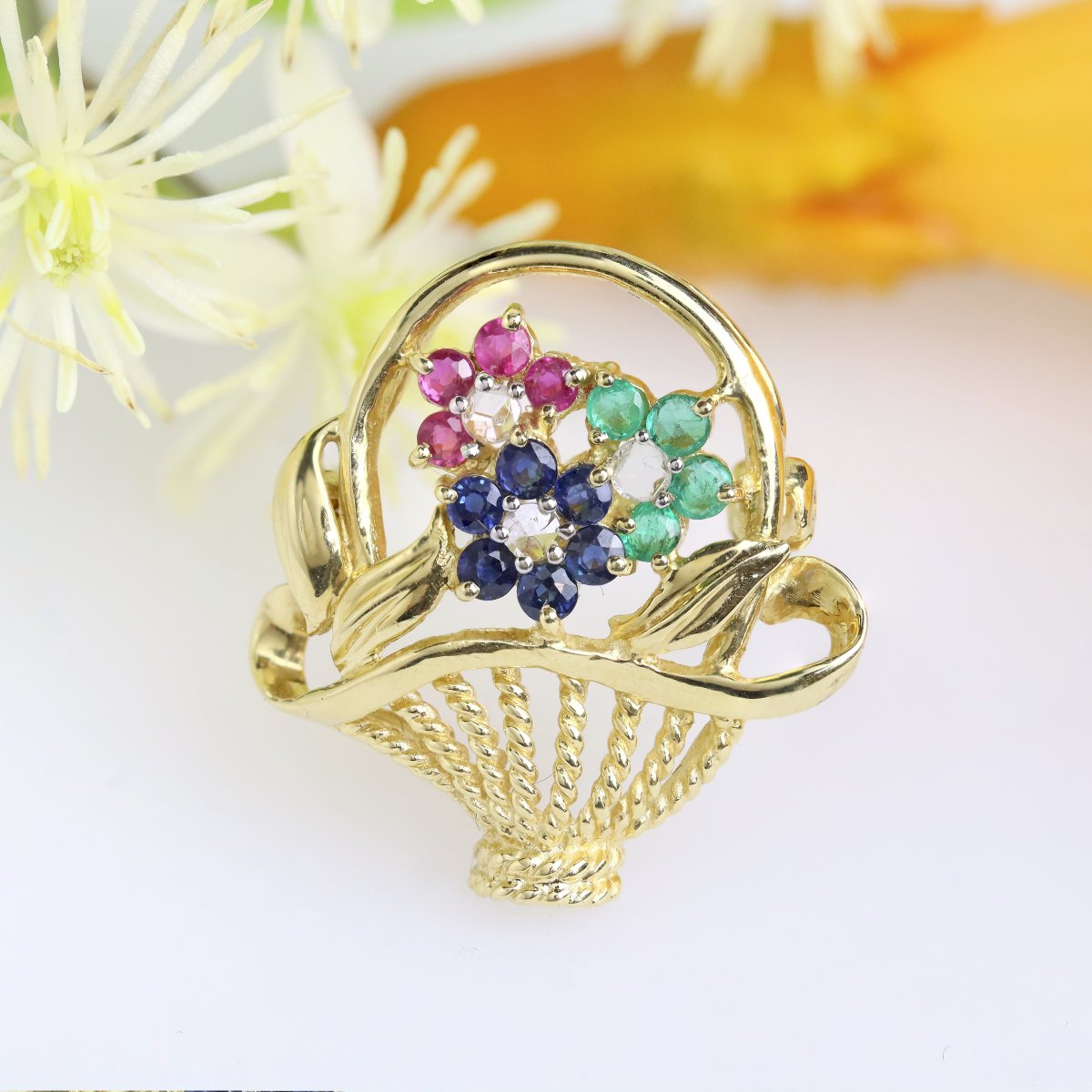 Brooch Bouquet Yellow Gold Sapphires Rubies Emeralds-photo-3
