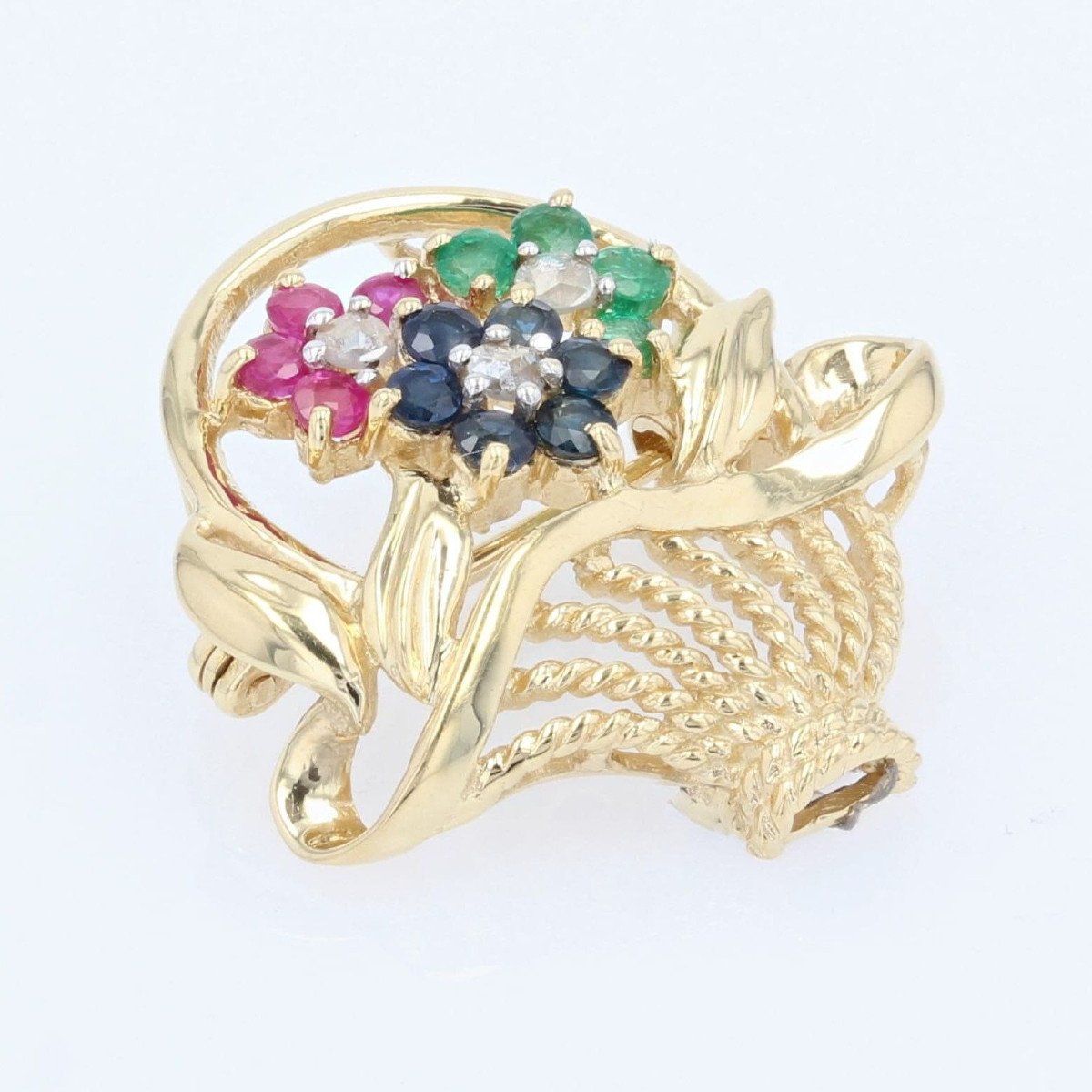 Brooch Bouquet Yellow Gold Sapphires Rubies Emeralds-photo-2