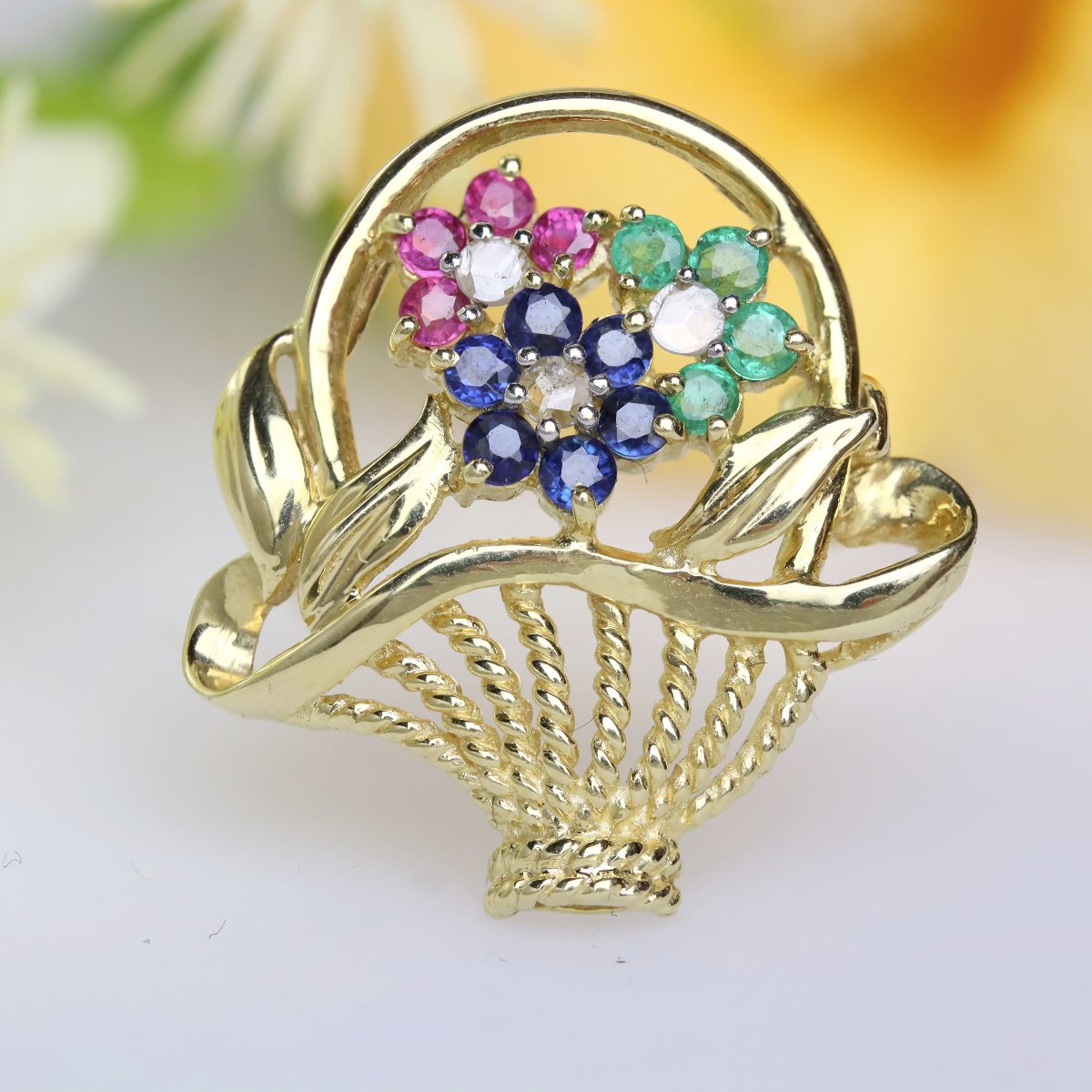 Brooch Bouquet Yellow Gold Sapphires Rubies Emeralds-photo-5