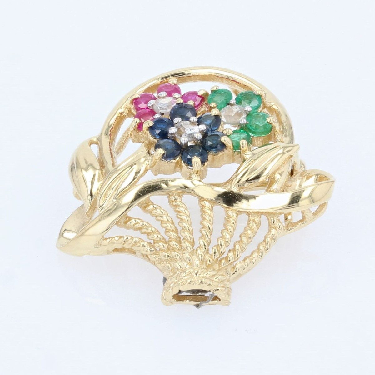 Brooch Bouquet Yellow Gold Sapphires Rubies Emeralds-photo-6
