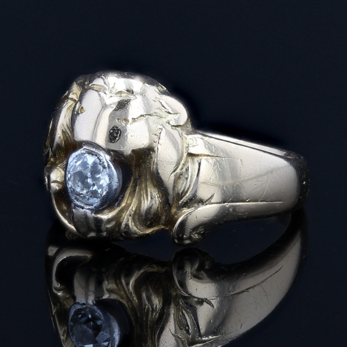 Bague Ancienne Lion En Or Et Son Diamant-photo-4