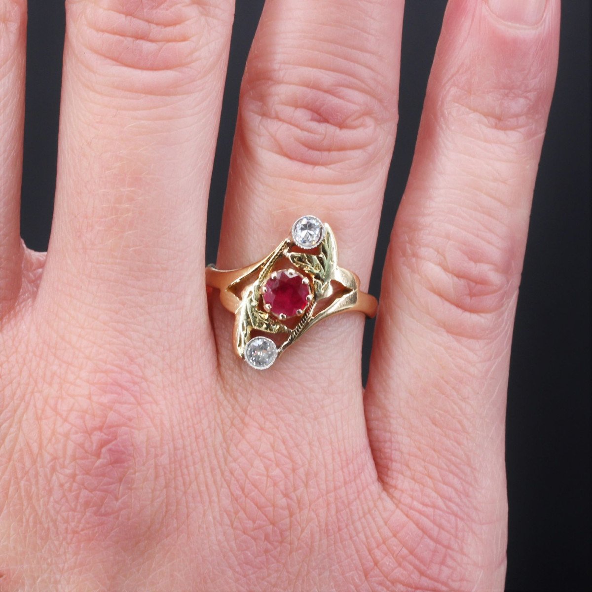Old Ruby Diamonds Art Nouveau Ring-photo-2