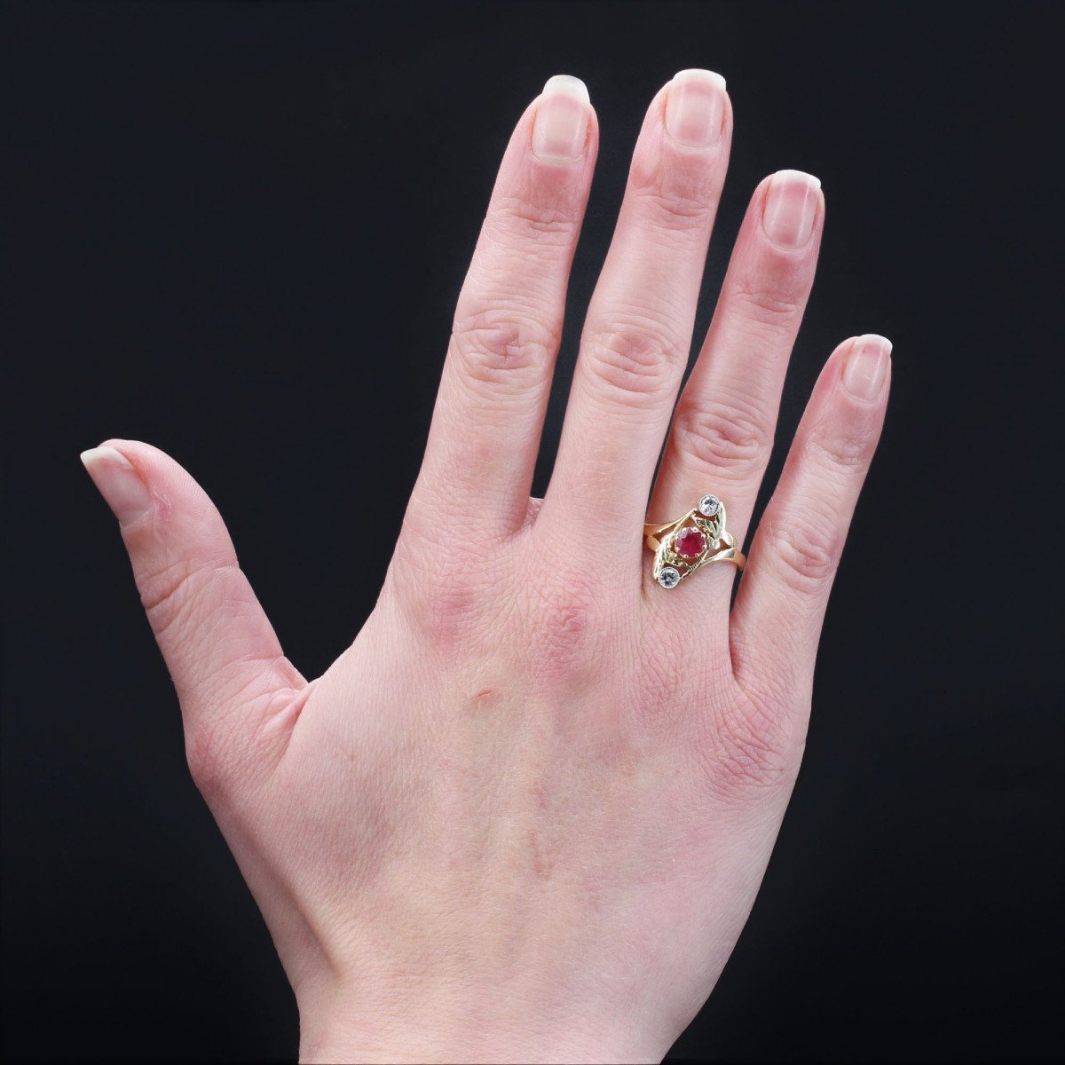 Old Ruby Diamonds Art Nouveau Ring-photo-2