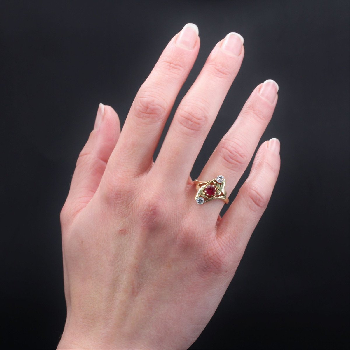 Old Ruby Diamonds Art Nouveau Ring-photo-5