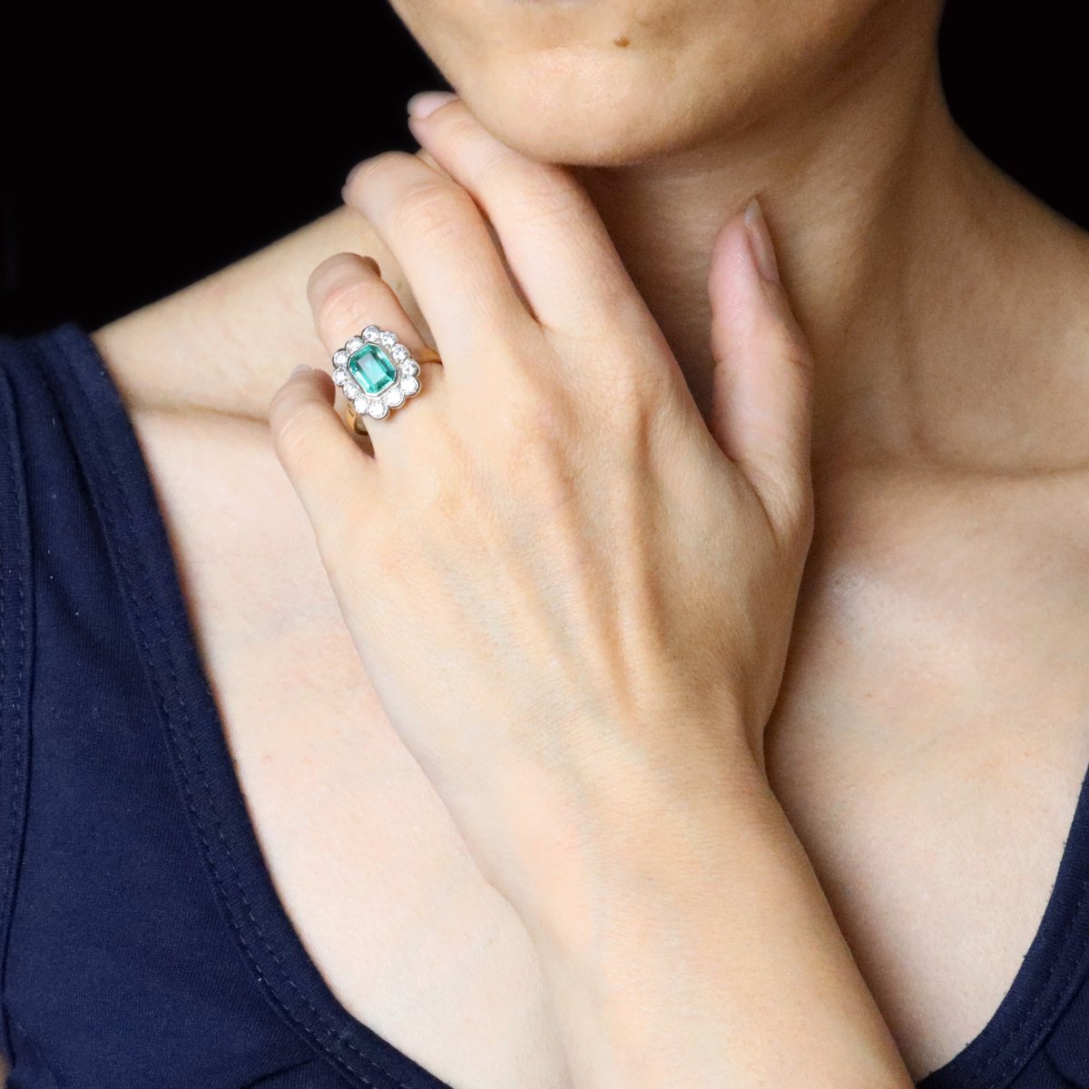 Bague Ancienne émeraude Et Diamants Rectangulaire-photo-1