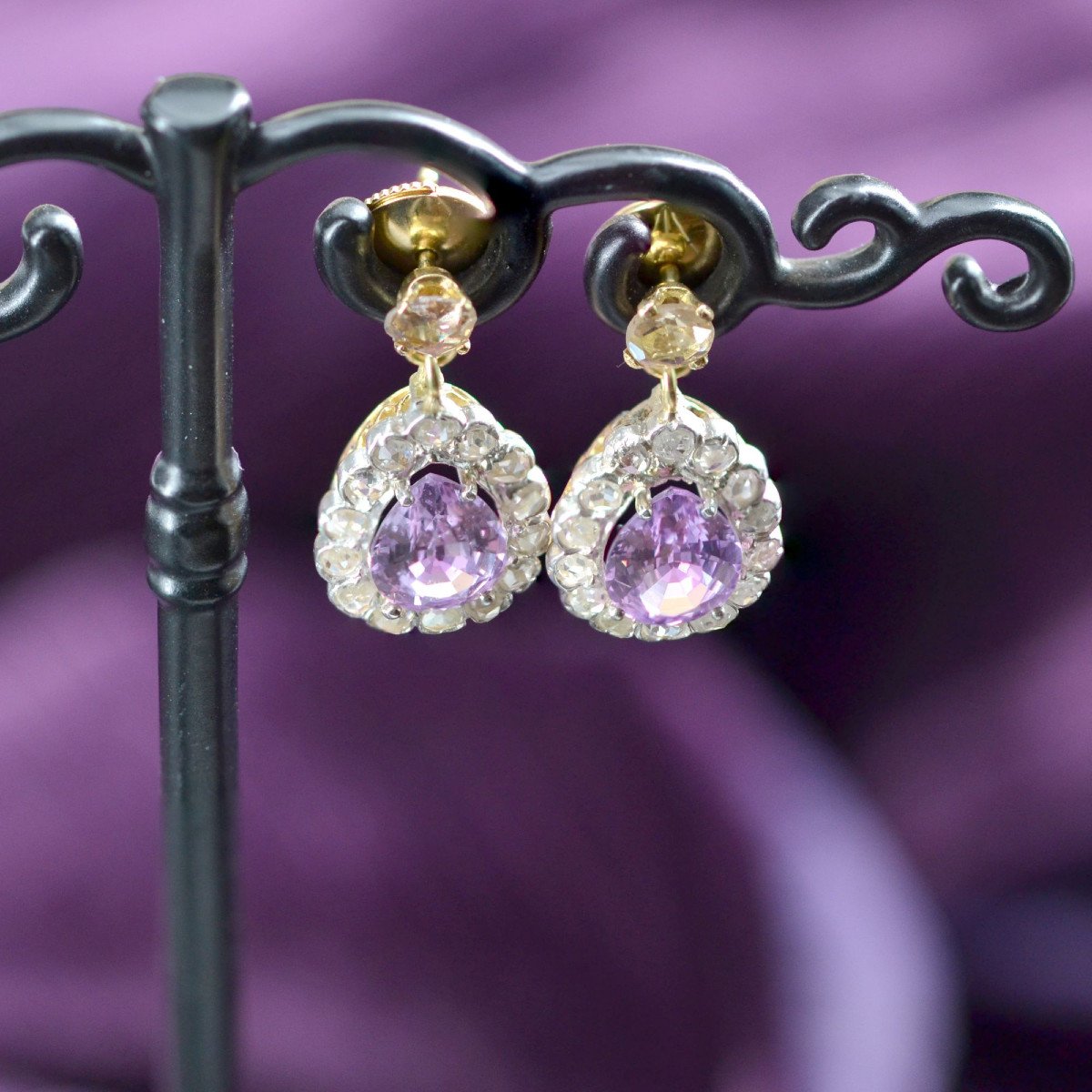 Antique Purple Sapphires And Rose Cut Diamonds Earrings-photo-4