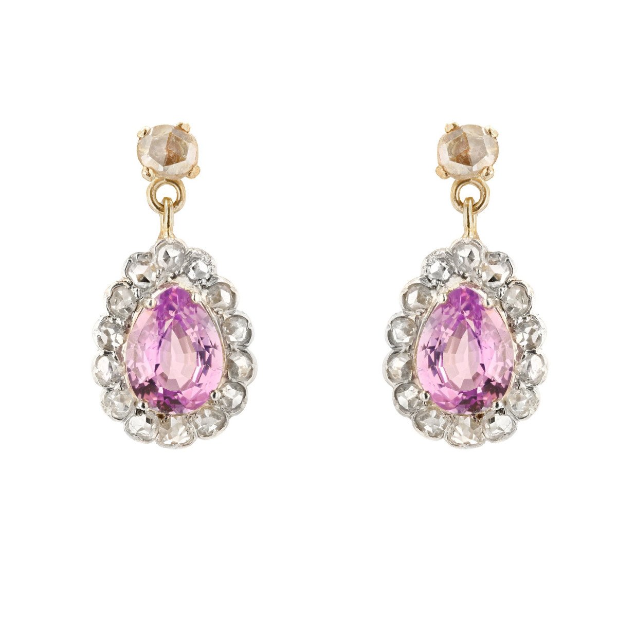 Boucles d'Oreilles Anciennes Saphirs Violet Et Diamants Taillés En Rose