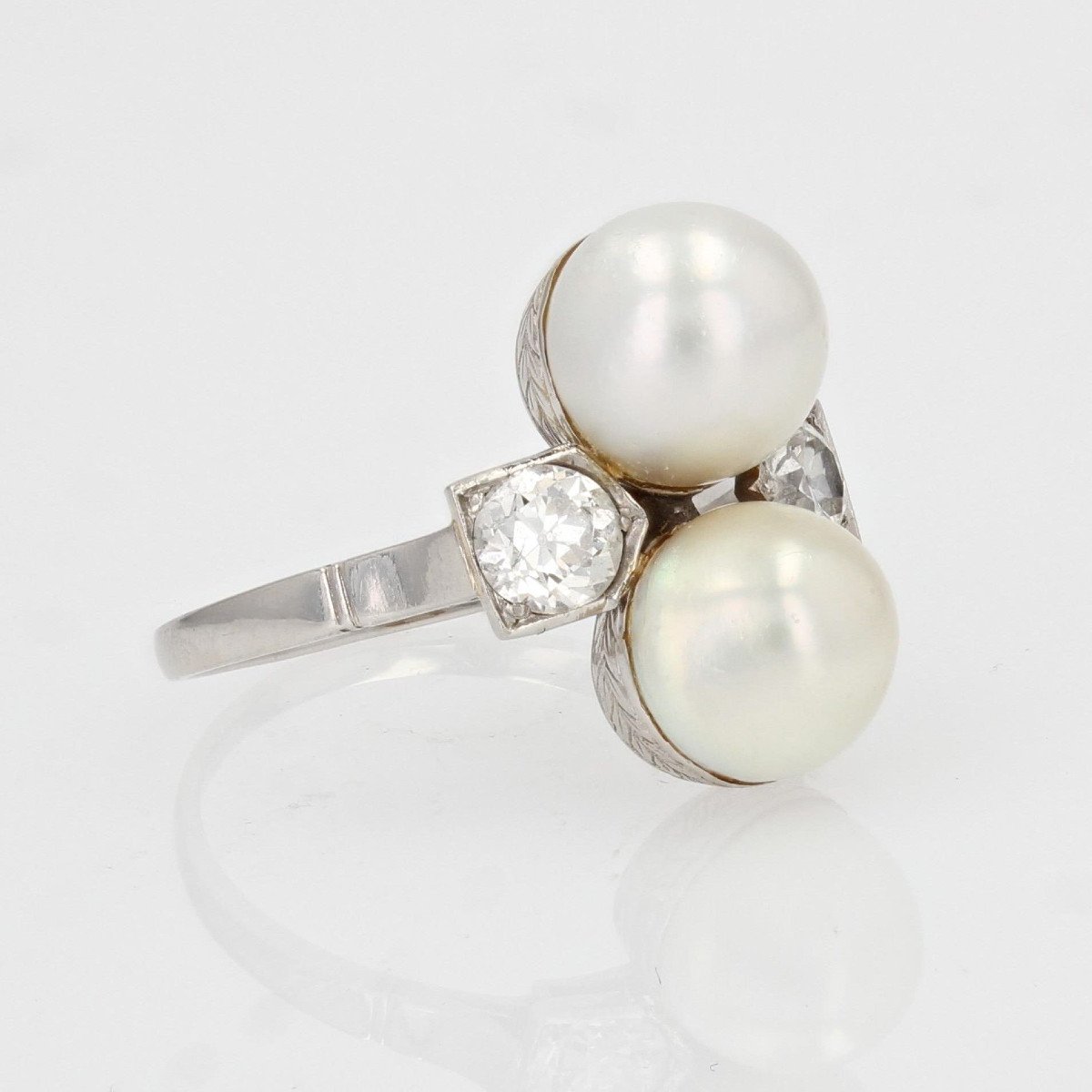 Bague Ancienne Vous Et Moi Perles Fines Diamants-photo-6