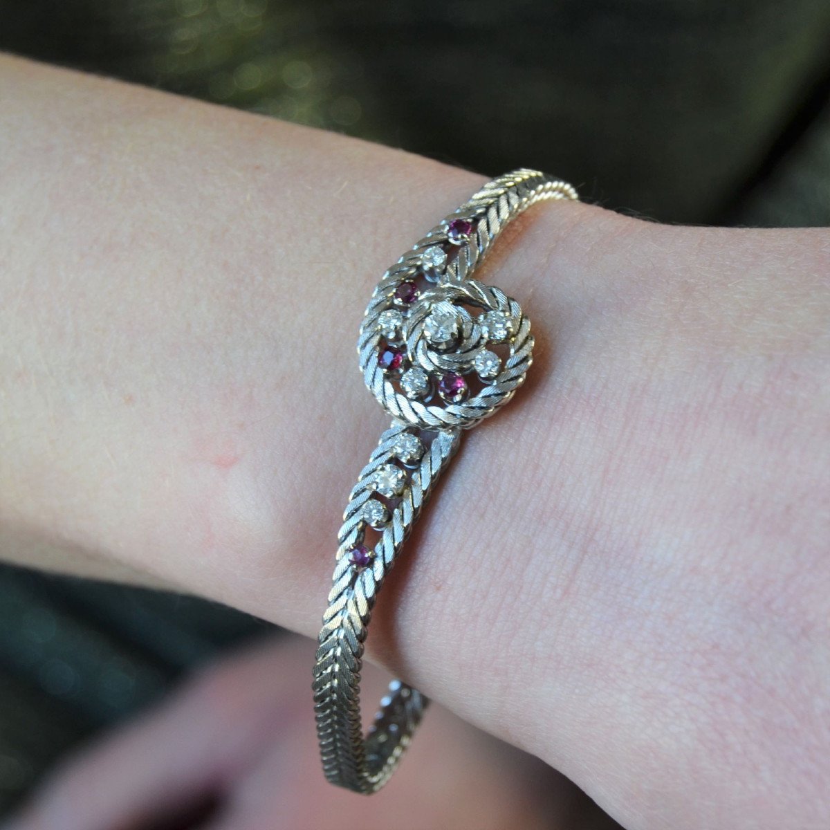 Vintage Bracelet White Gold Ruby Diamonds-photo-3