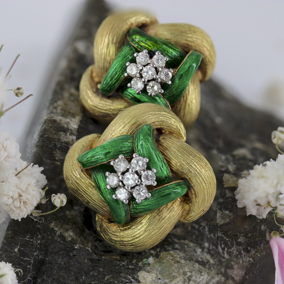 Green Enamel Diamond And Yellow Gold Earrings-photo-3