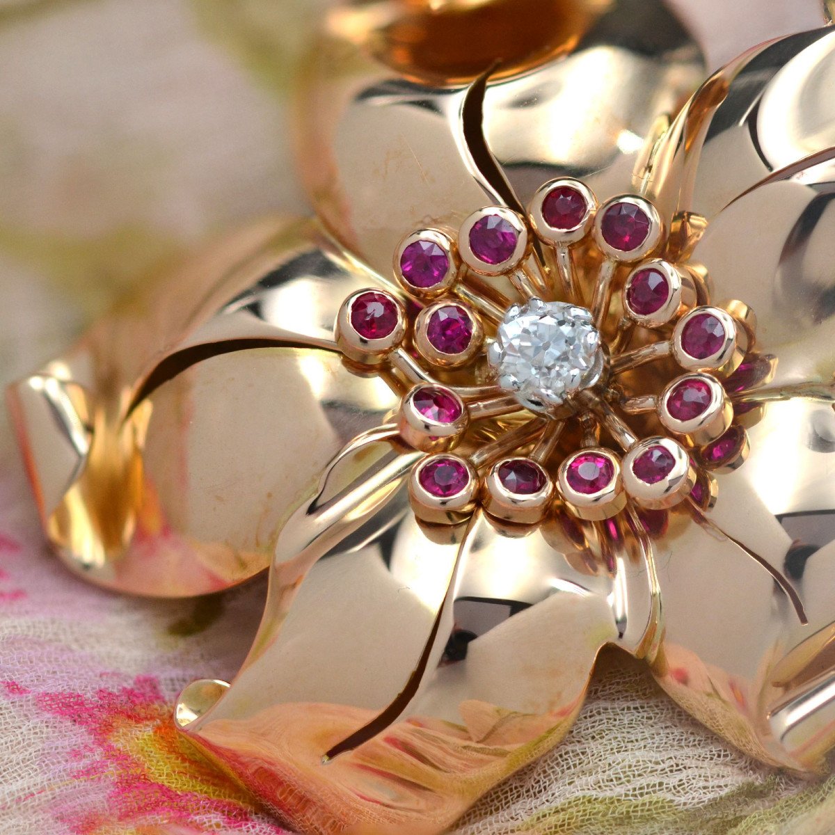 Broche Vintage Clip Fleur Diamants Rubis-photo-5