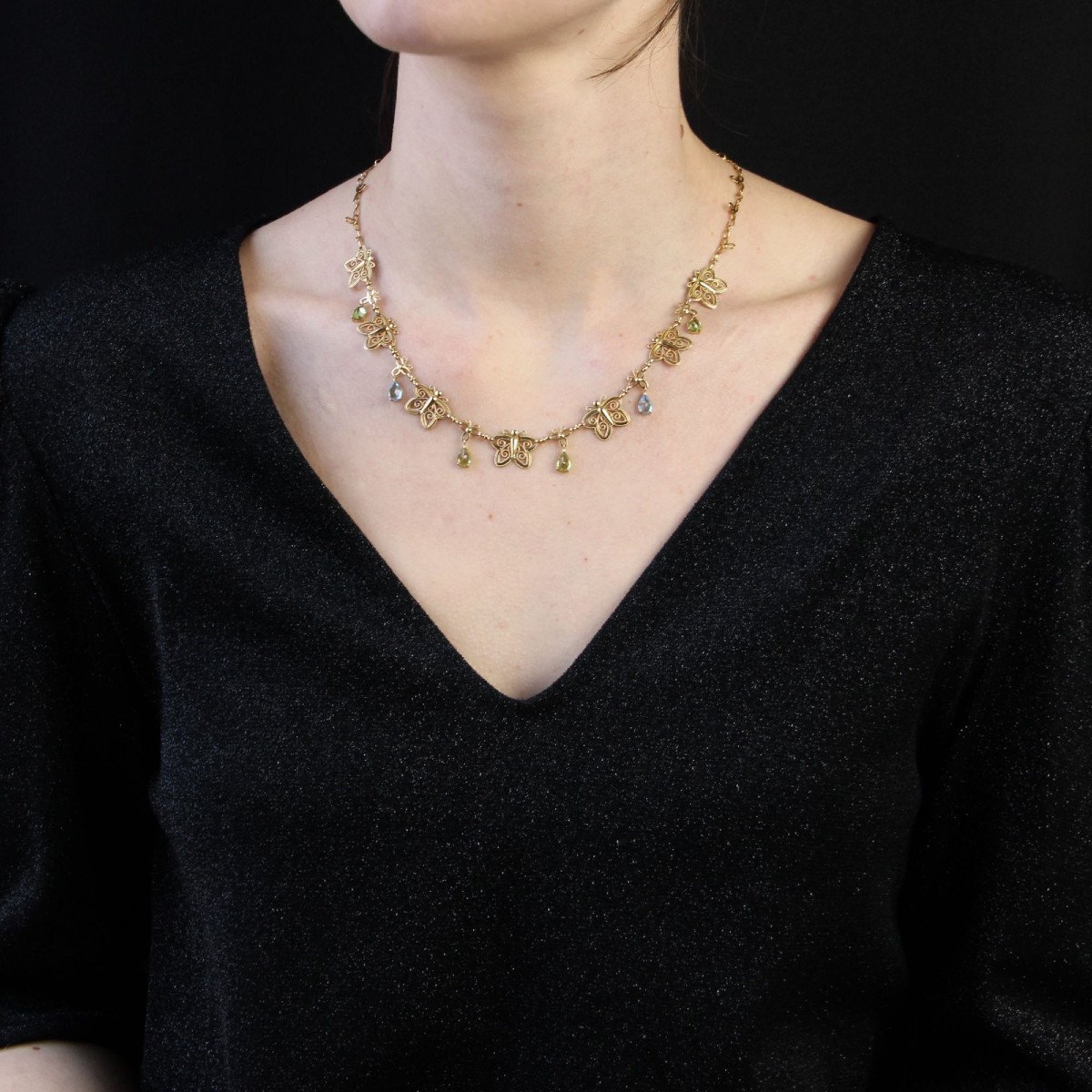 Collier Ancien Papillons Or Topazes Et Péridots-photo-2