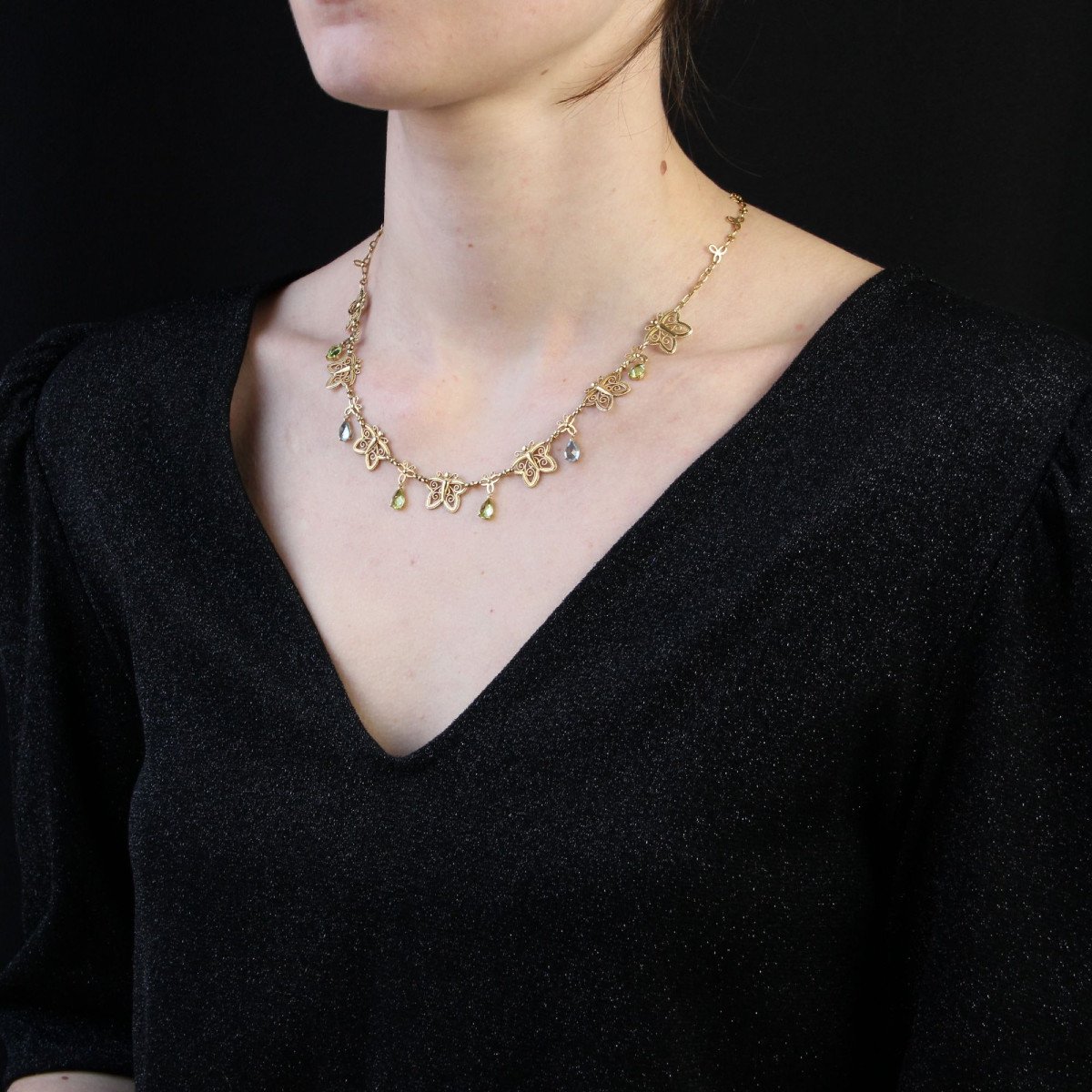 Collier Ancien Papillons Or Topazes Et Péridots-photo-4