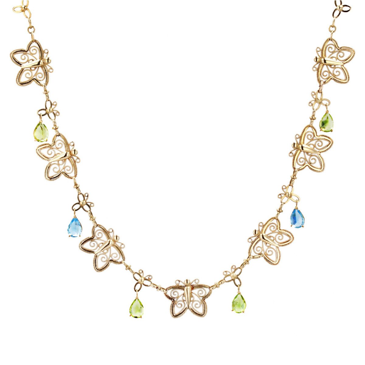 Antique Gold Topaz And Peridots Butterflies Necklace