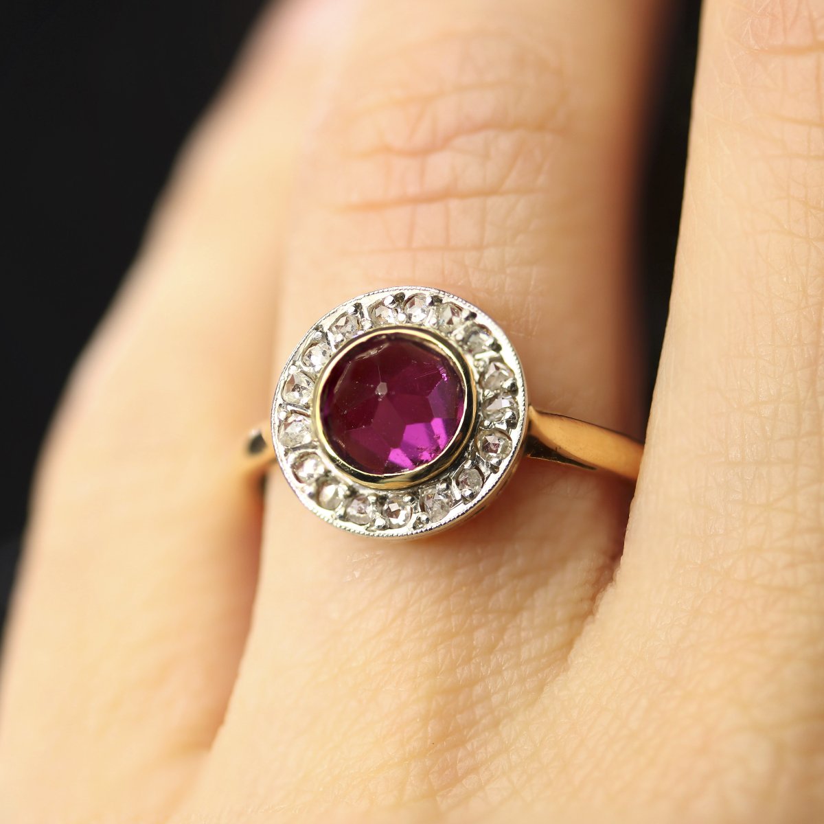 Bague Ancienne Grenat Et Diamants Ronde-photo-2