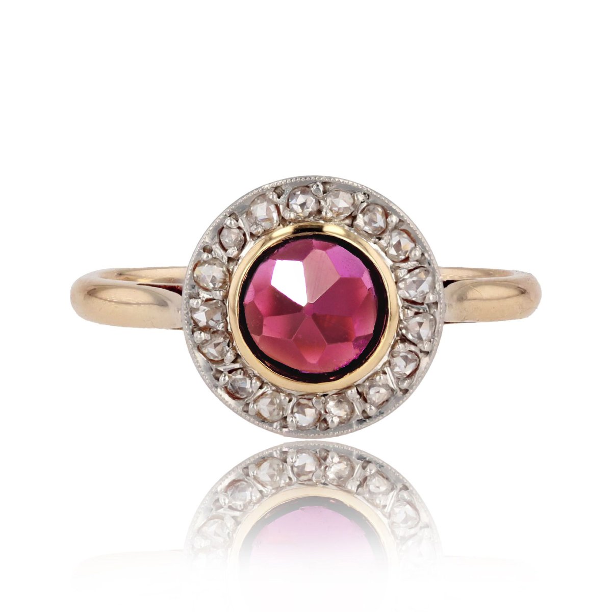 Bague Ancienne Grenat Et Diamants Ronde