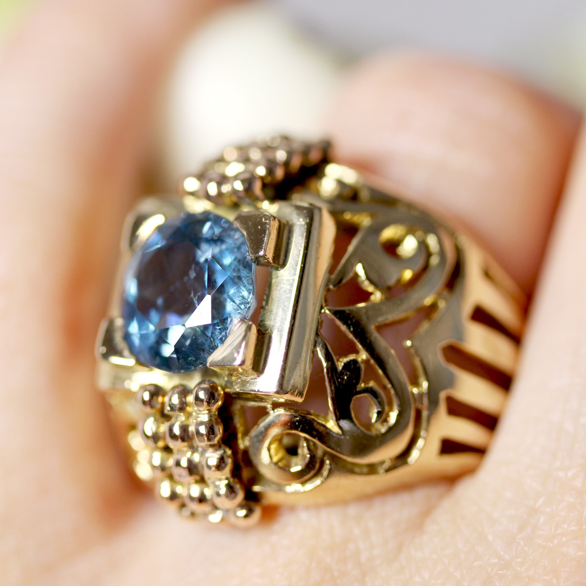 Openwork Gold Dome Ring And Its Aquamarine-photo-4