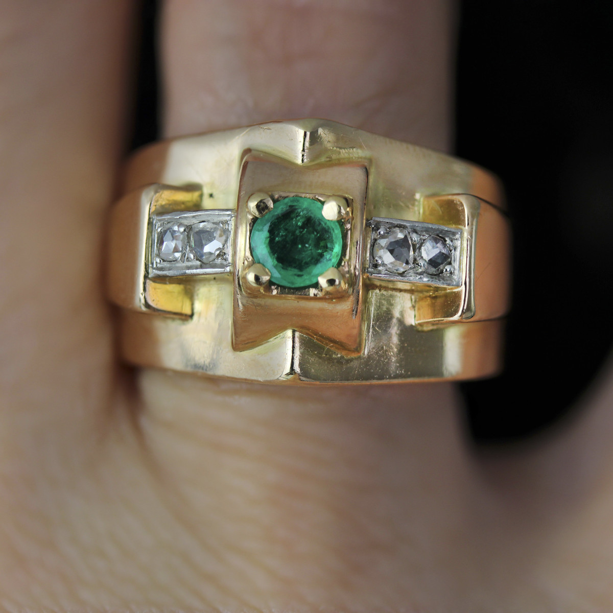 Antique Emerald Diamond Tank Ring-photo-4