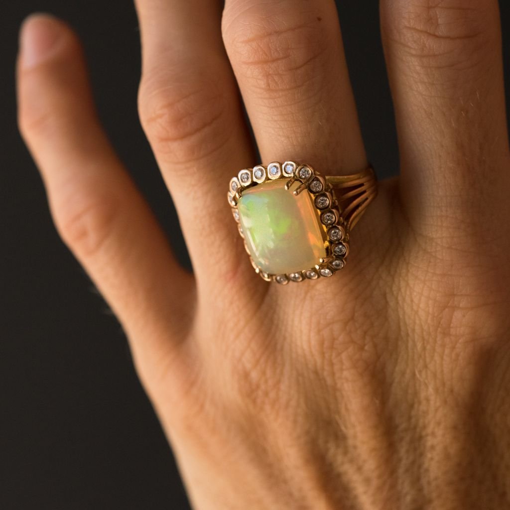 Old Opal And Diamond Ring Vintage - Item 14-202-photo-2