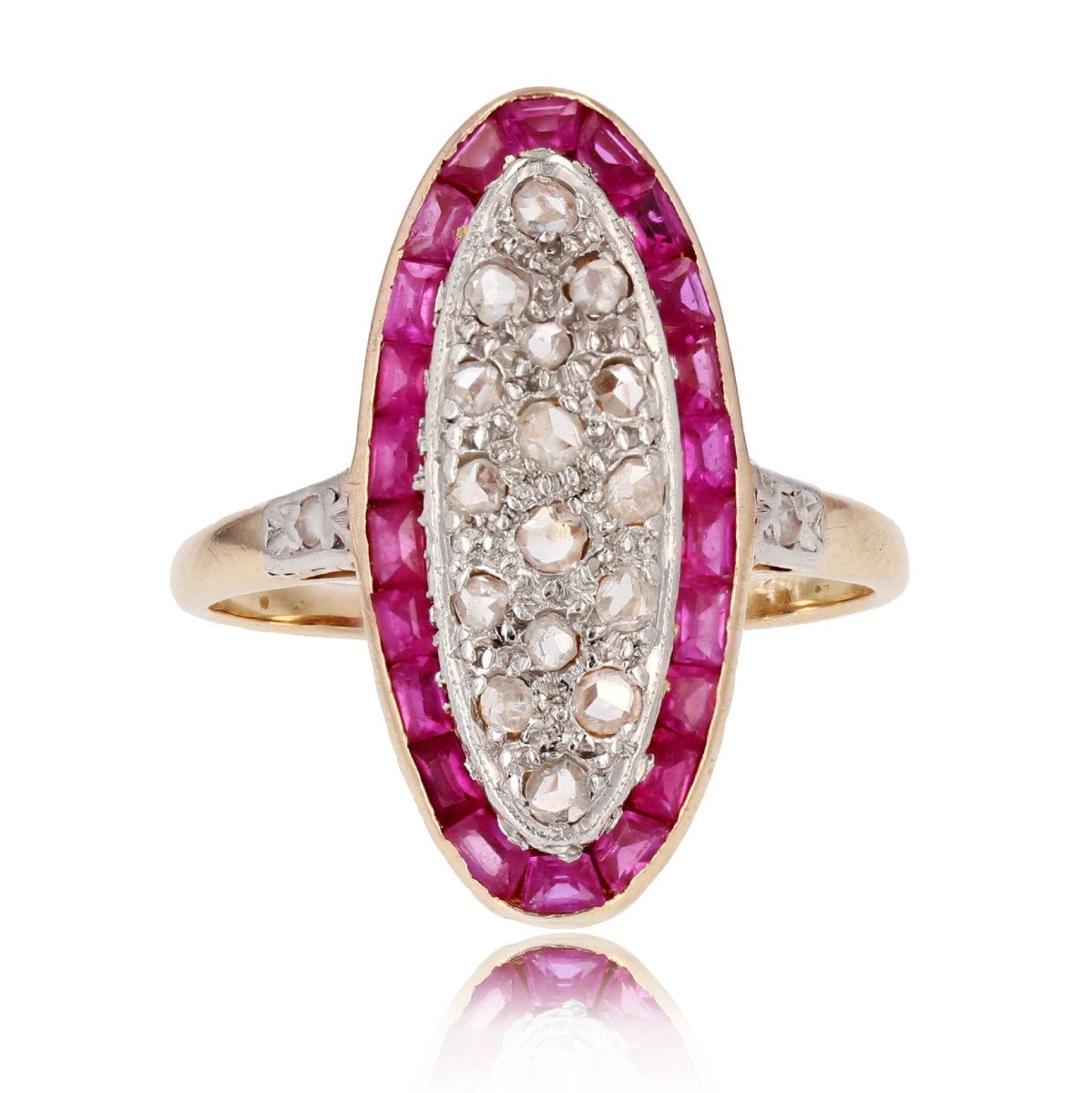 Bague Ancienne Diamants Rubis Navette