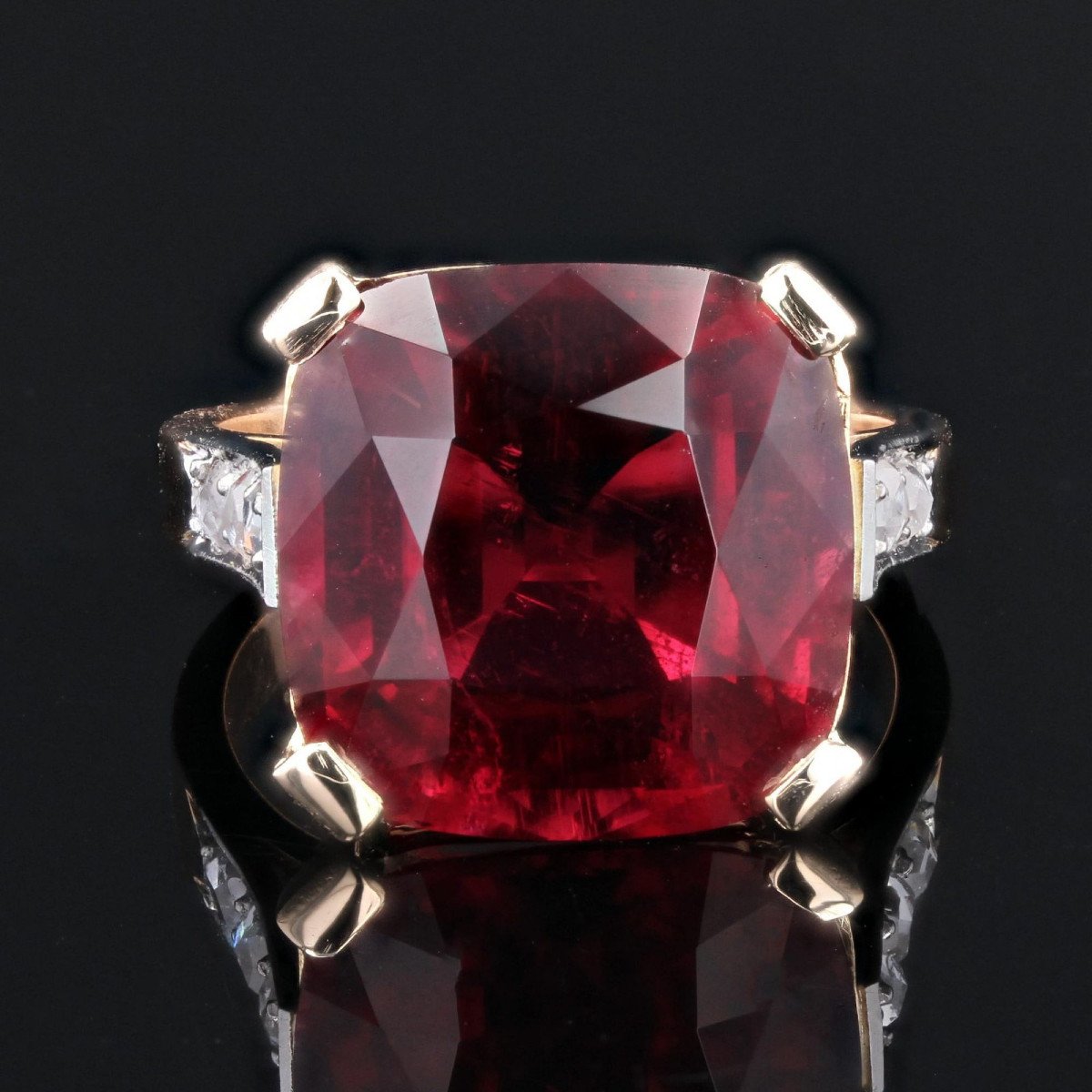Antique Art Deco Cushion Tourmaline And Diamonds Ring-photo-4