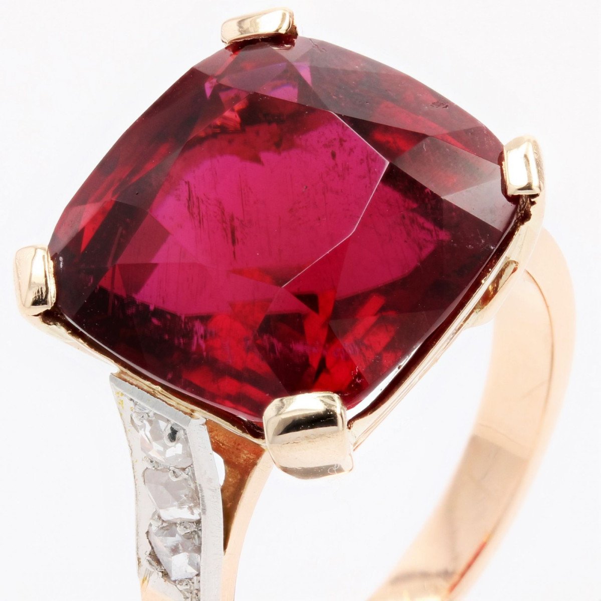 Antique Art Deco Cushion Tourmaline And Diamonds Ring-photo-5