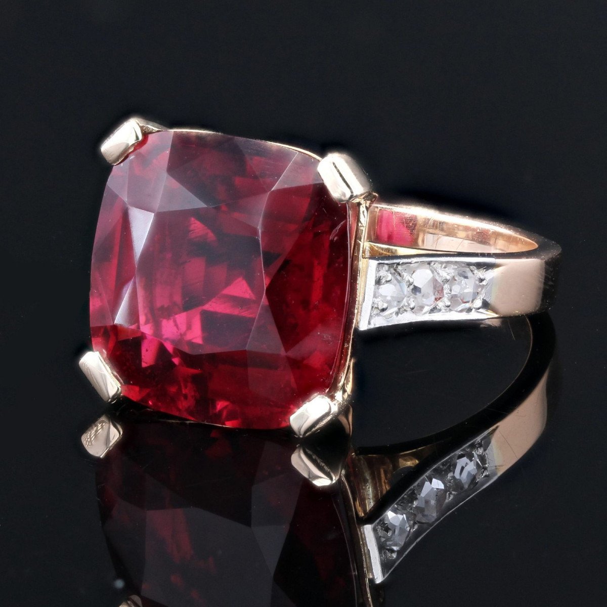 Antique Art Deco Cushion Tourmaline And Diamonds Ring-photo-2