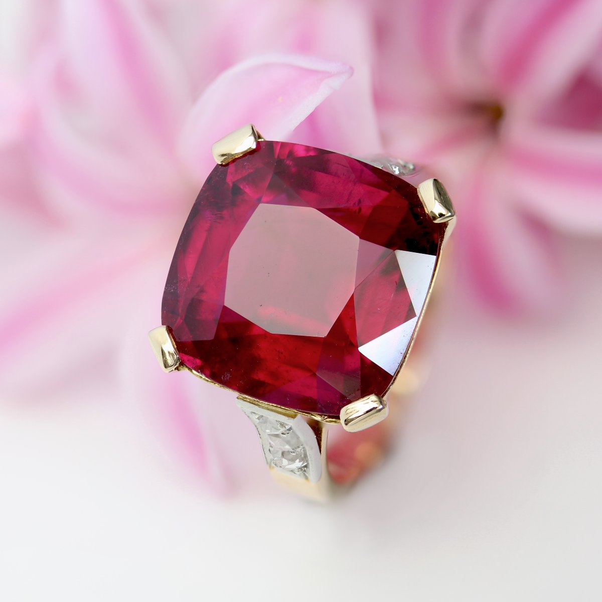 Antique Art Deco Cushion Tourmaline And Diamonds Ring-photo-6