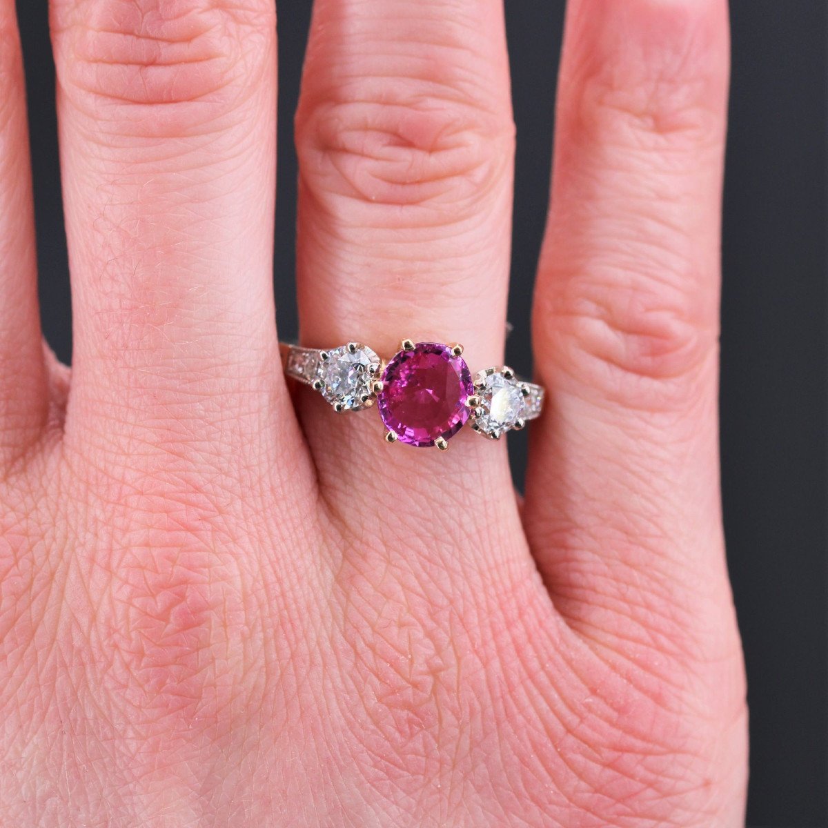 Bague Saphir Rose Et Diamants Or Platine-photo-2