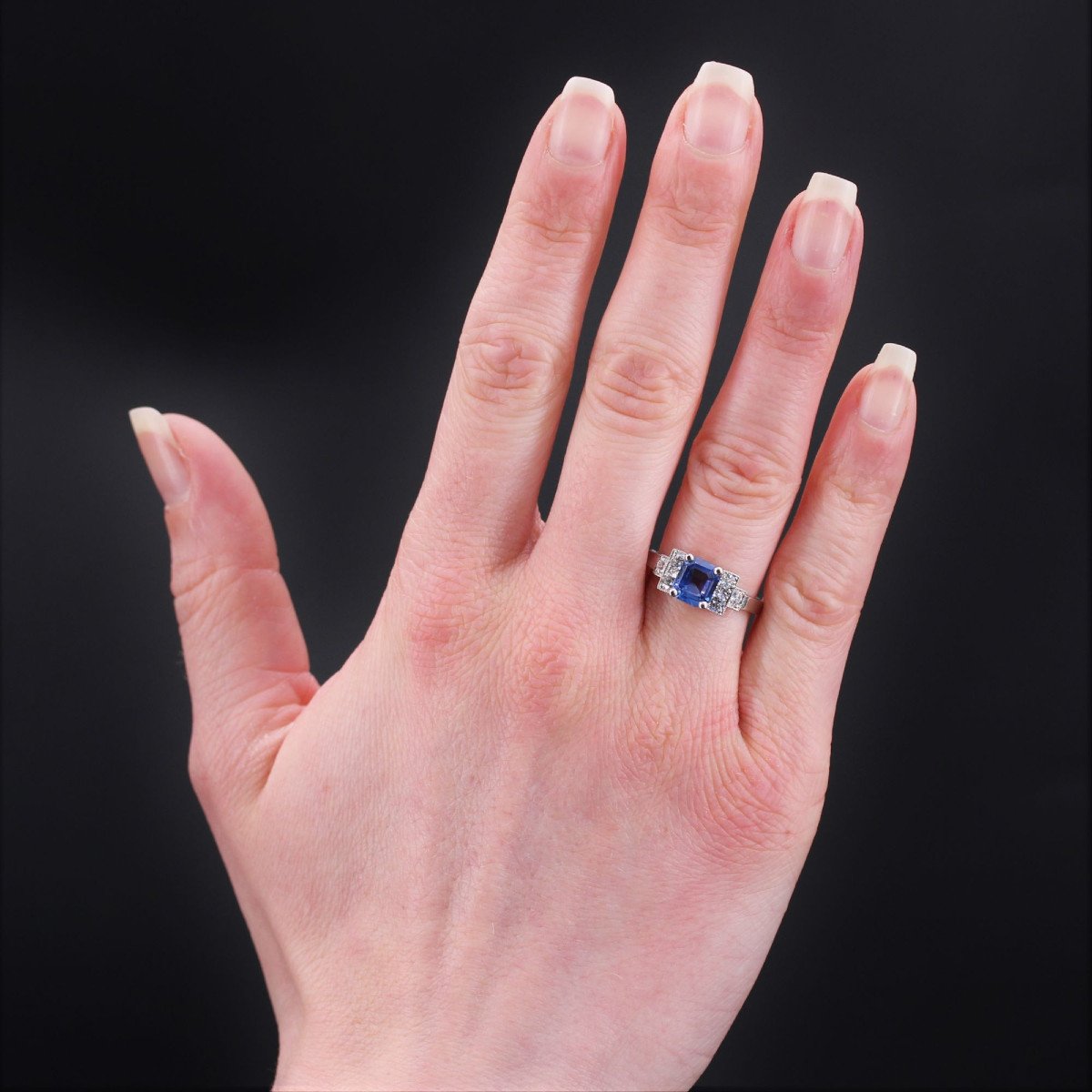 Bague Style Art Déco Saphir Bleu Diamants-photo-2