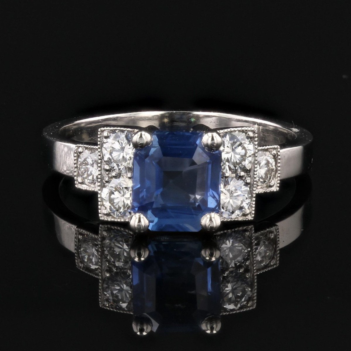 Bague Style Art Déco Saphir Bleu Diamants-photo-3