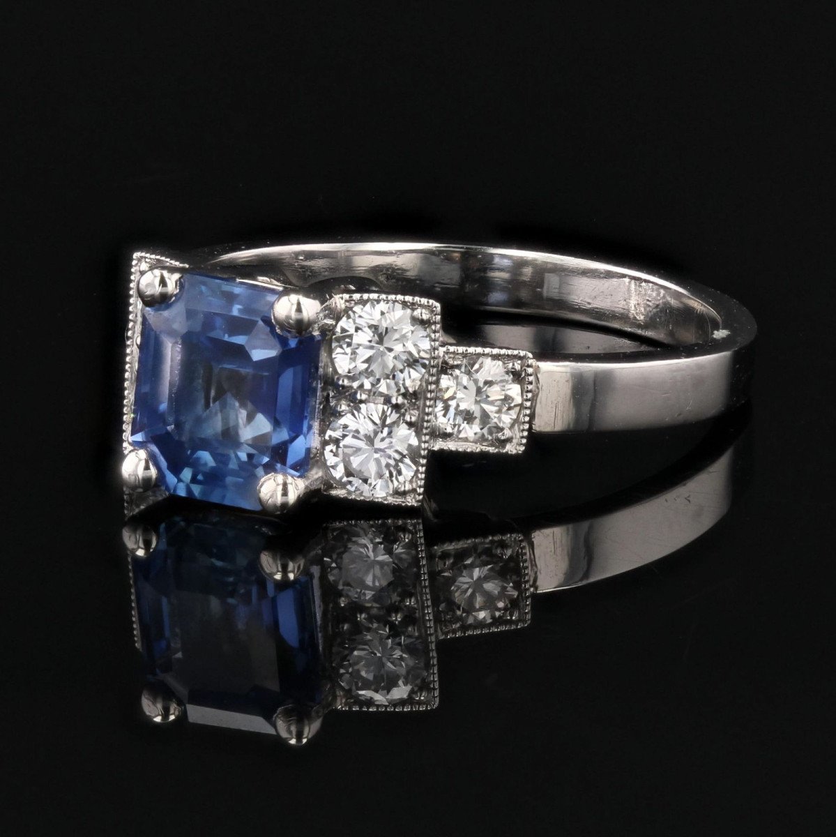 Bague Style Art Déco Saphir Bleu Diamants-photo-1
