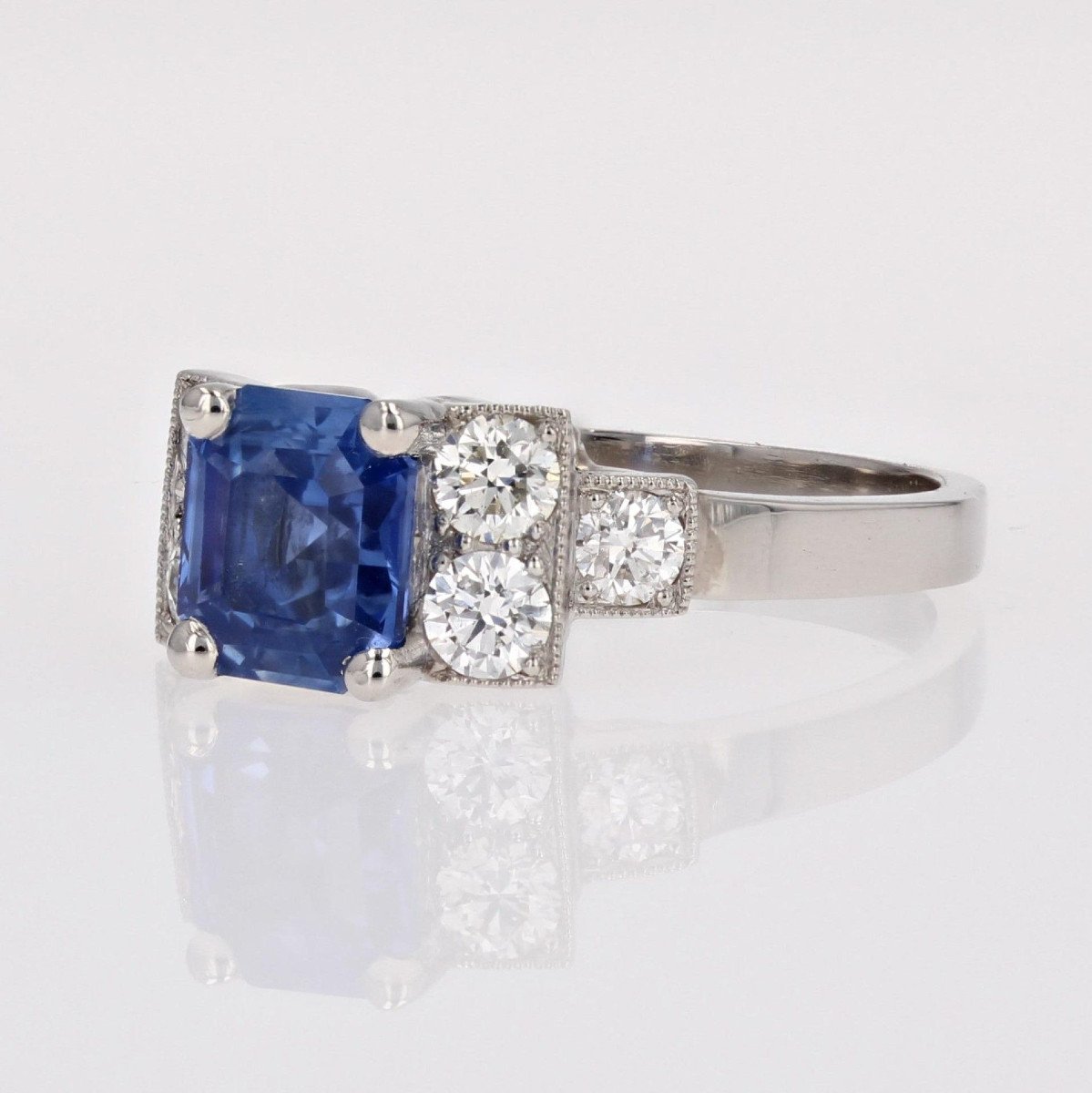 Bague Style Art Déco Saphir Bleu Diamants-photo-2