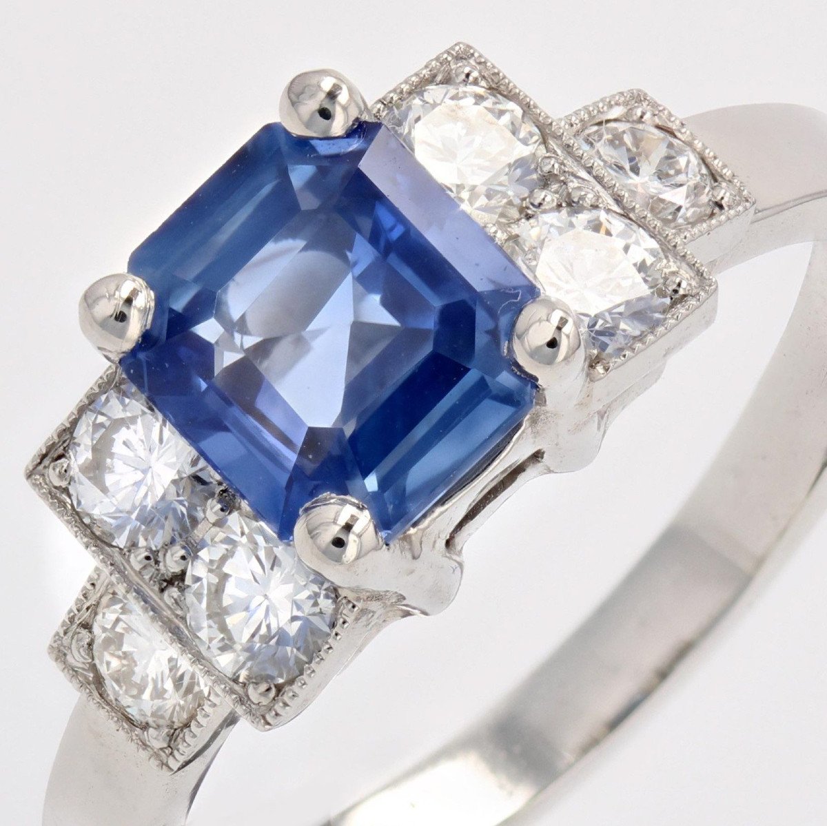 Bague Style Art Déco Saphir Bleu Diamants-photo-3