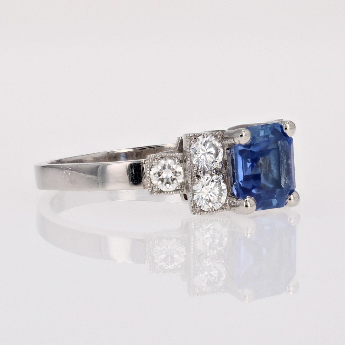 Bague Style Art Déco Saphir Bleu Diamants-photo-4