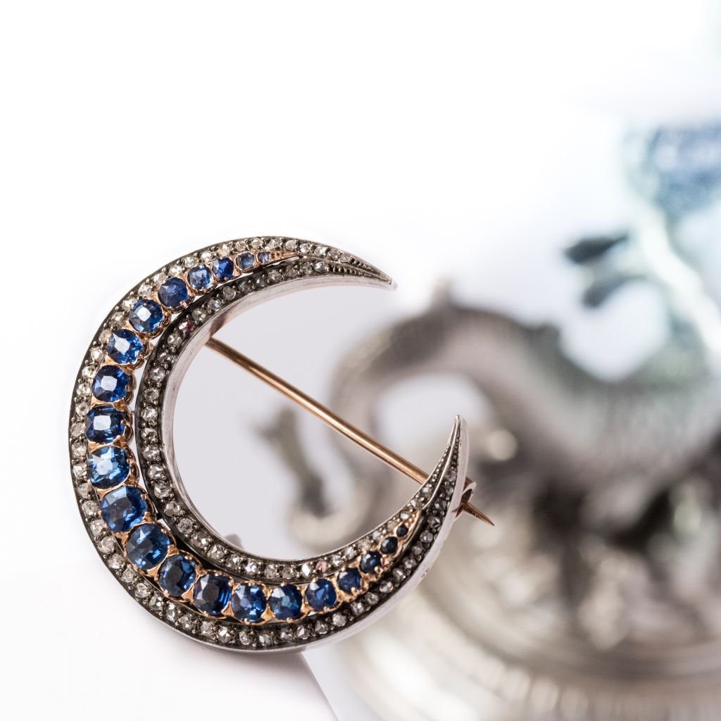 Pin Old Crescent Sapphires Diamonds Gold And Silver Rose-photo-3