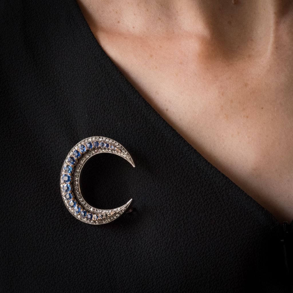Pin Old Crescent Sapphires Diamonds Gold And Silver Rose-photo-1