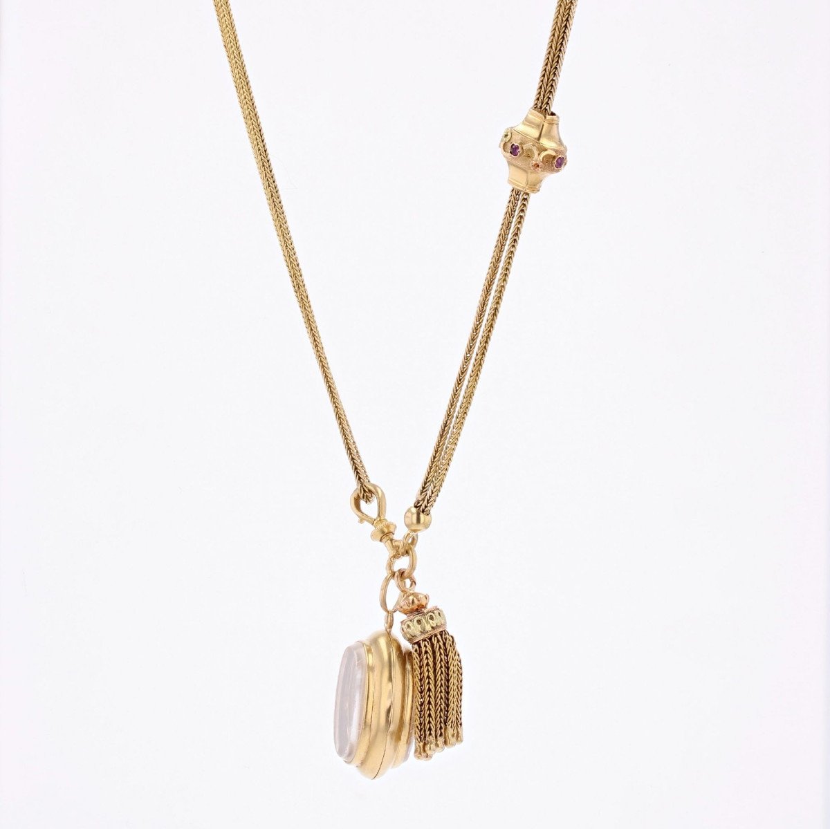 Old Gold Long Necklace Accompanied By Its Medallion, Its Pompom And Its Coulant-photo-2