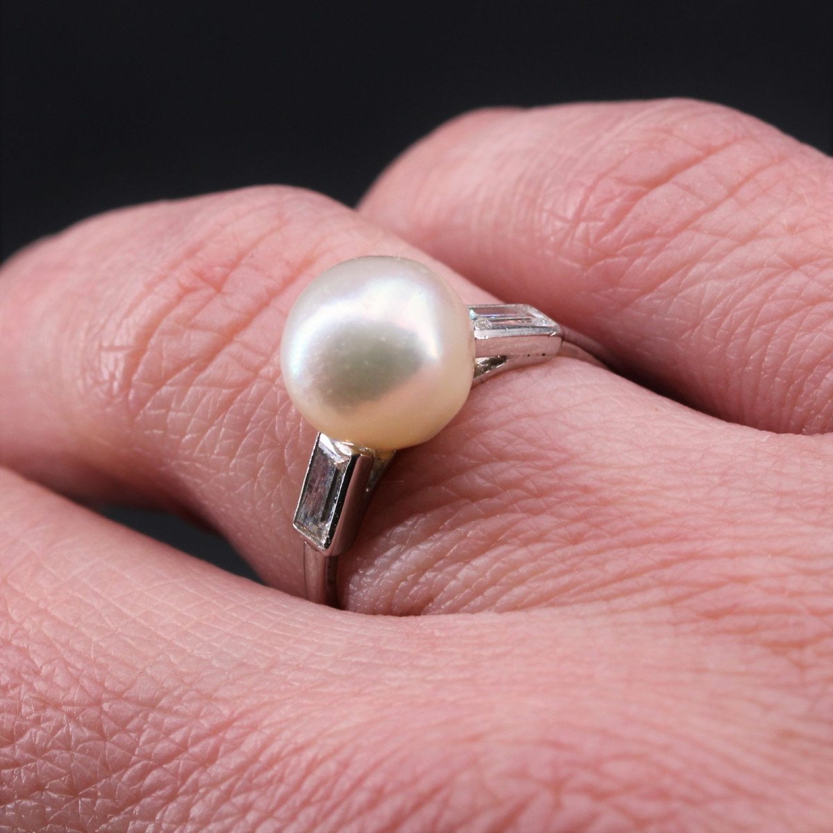Art Deco Fine Pearl And Baguette Diamond Ring-photo-5
