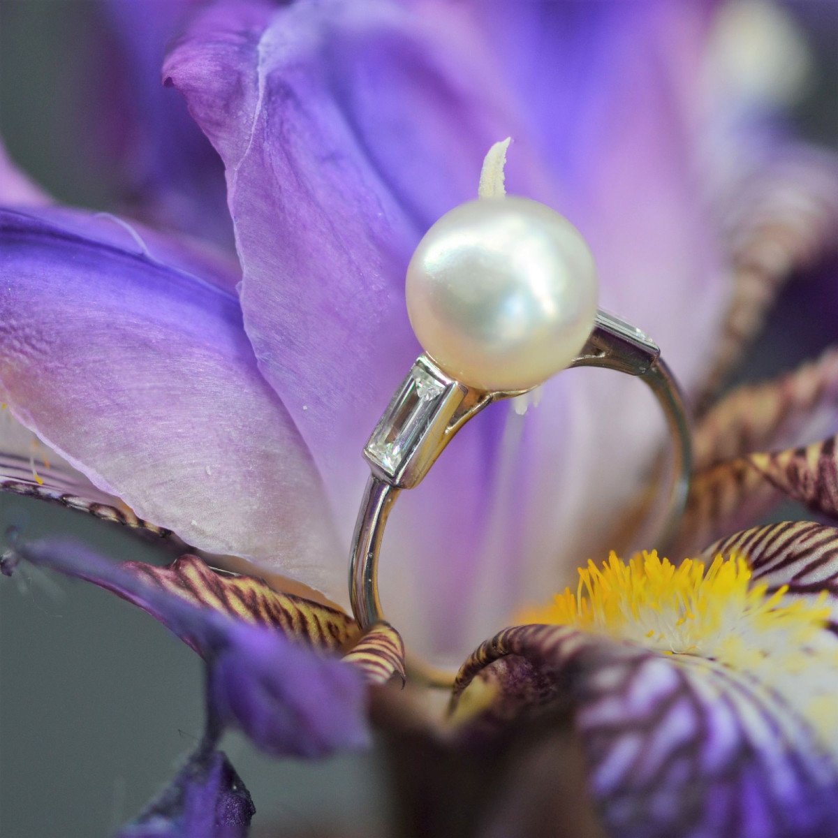 Art Deco Fine Pearl And Baguette Diamond Ring-photo-6