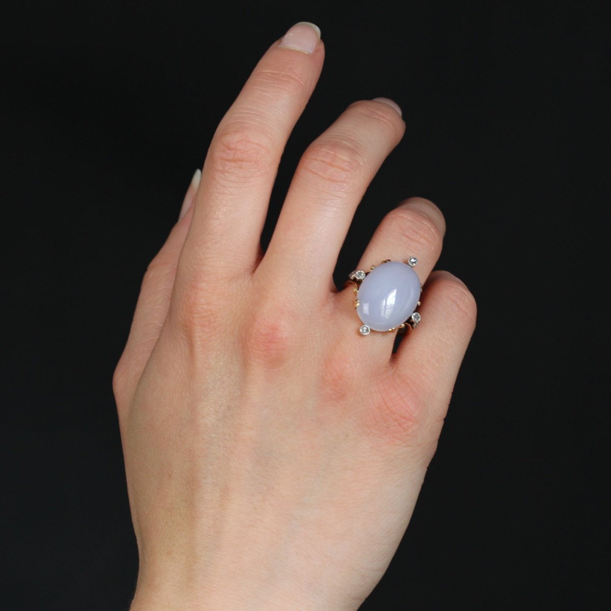 Bague Calcedoine Cabochon Et Diamants Ancienne-photo-4
