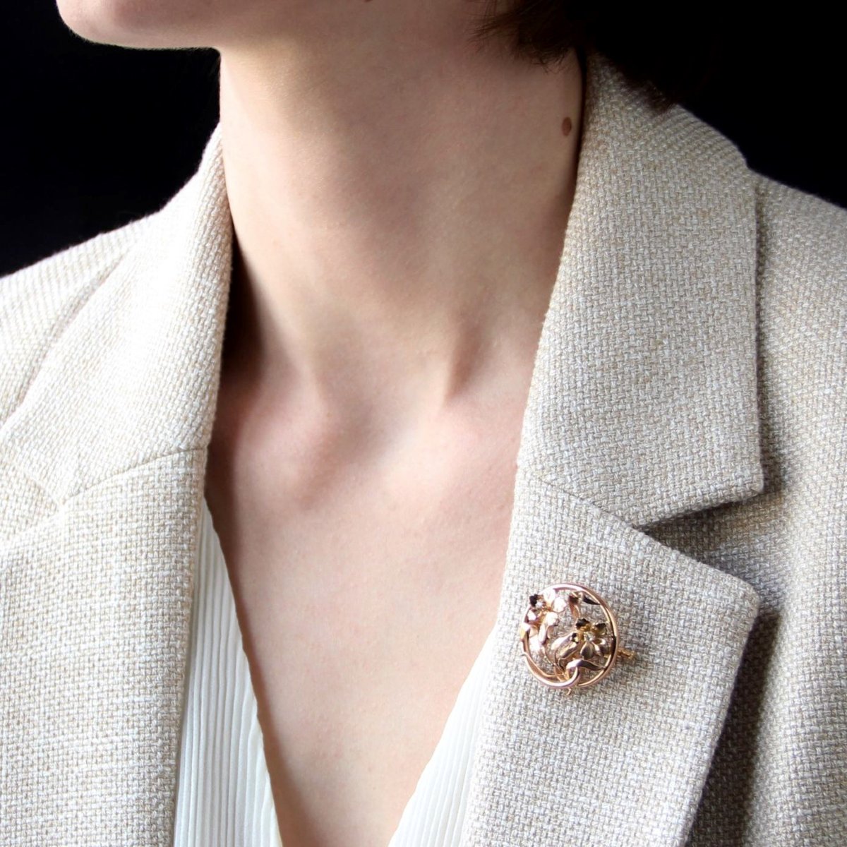 Broche Ronde Ancienne Fleurs-photo-2